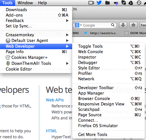 Developer tools menu